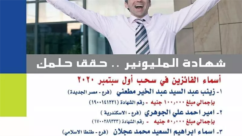  المصرف المتحد يعلن عن أسماء الفائزين بشهادة المليونير لأول سبتمبر 2020