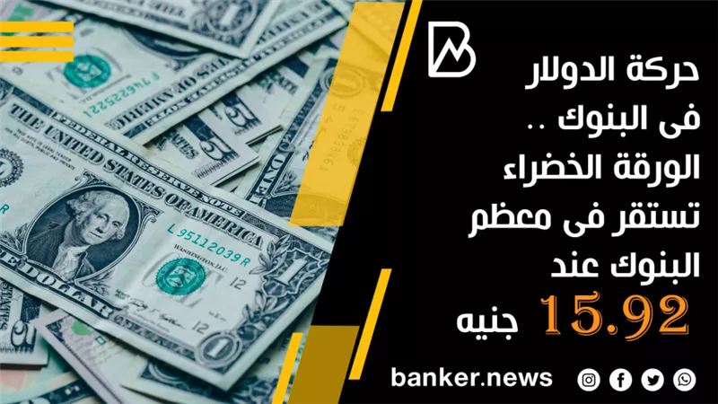 حركة الدولار فى البنوك .. الورقة الخضراء تستقر فى معظم البنوك عند 15.92 جنيه 