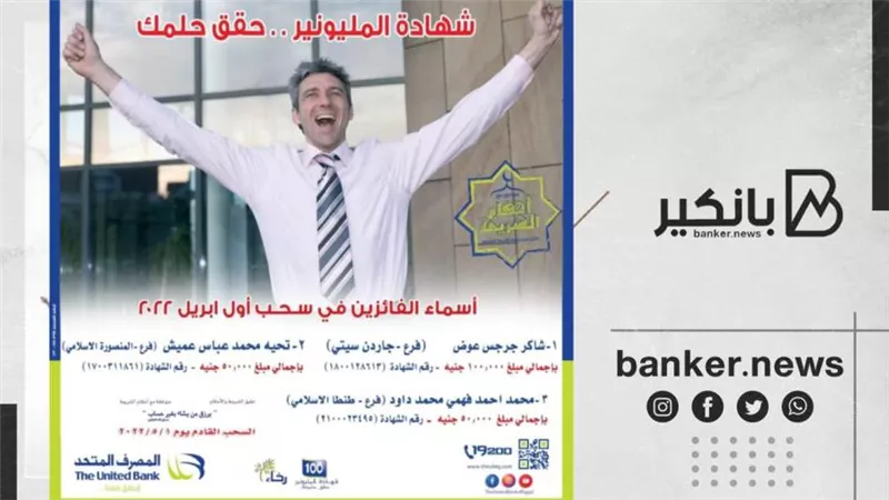 المصرف المتحد يعلن أسماء الفائزين بشهادة المليونير عن شهر أبريل 2022