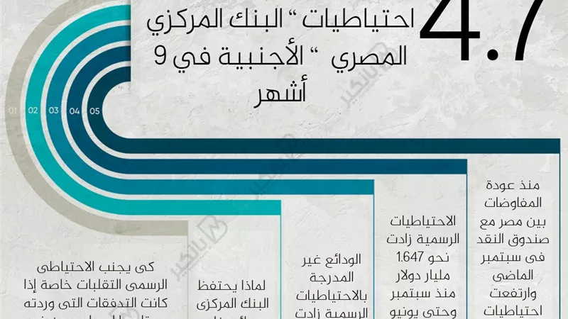 4.7 مليار دولار زيادة في احتياطيات ” البنك المركزي المصري  ” الأجنبية في 9 أشهر