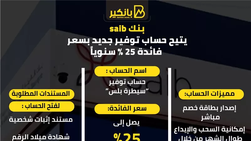 بنك saib يتيح حساب توفير جديد بسعر فائدة 25% سنوياً